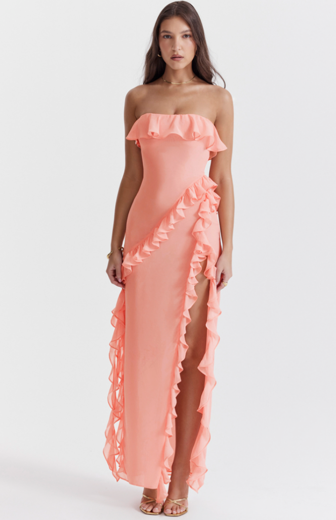 ISABELLA apricot ruffle maxi dress